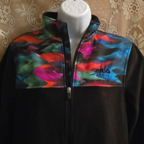 Fila Sport Women's Size S Black  Zip Up Fleece Jacket Rainbow Yoke Pockets - Picture 2 of 11